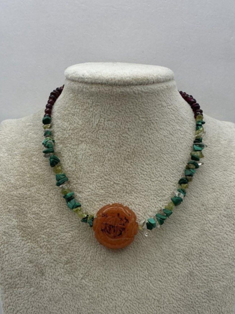 Vintage Or Antique Necklace Garnet, Malachite & Peach Aventurine